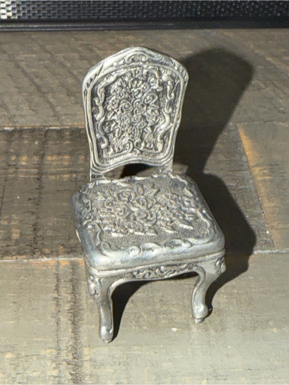Vintage heavy new view miniature metal chair, card holder, dollhouse